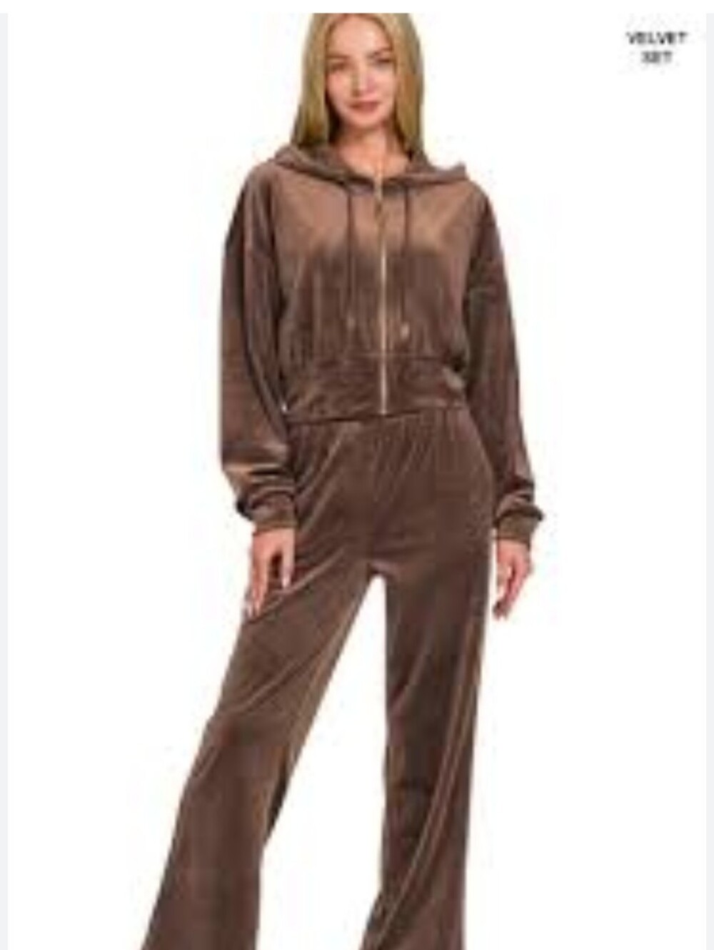 Zenana Velvet Zip-Front Hoodie With Matching Pants In A Beautiful Brown
